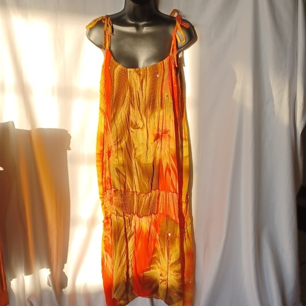 Punta Cana Dress, comfy, orange, yellow, brown,  tie shoulders